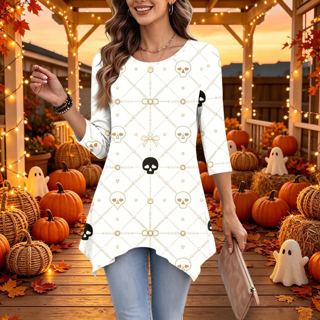 Women's Halloween Print 3/4 Sleeve Loose Fit Casual Top – Fun Holiday Party Tunic Blouse