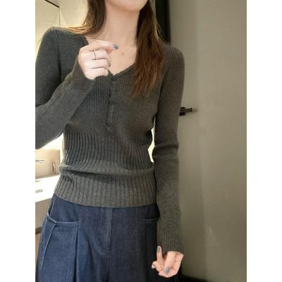Lichte kraag halfopen kraag taille Spice girl gebreide trui met lange mouwen herfst en winter designgevoel binnenlaag top dames