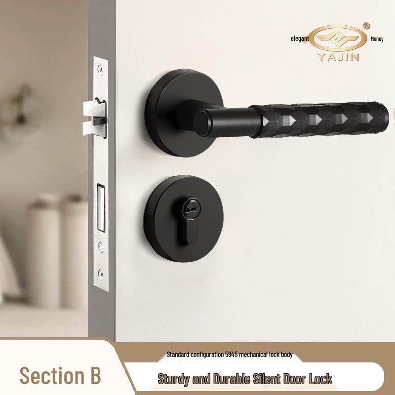 Black Knurled Magnetic Silent Door Handle with Lock for Bedroom Wood Doors