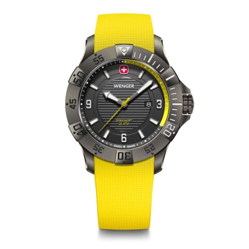 [.co.jp Exclusive] WENGER SEAFORCE Men's Quartz Analog Watch with Stainless Steel Case (316L), Black Ice Dial, Yellow Silicone Strap, 200m Water Resis