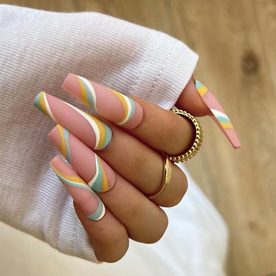 Nagelstück tragen Mehrfarbig gewellt Französischer Nagel Mattes Nagelstück Nagel tragen Fertiger langer Nagelstück