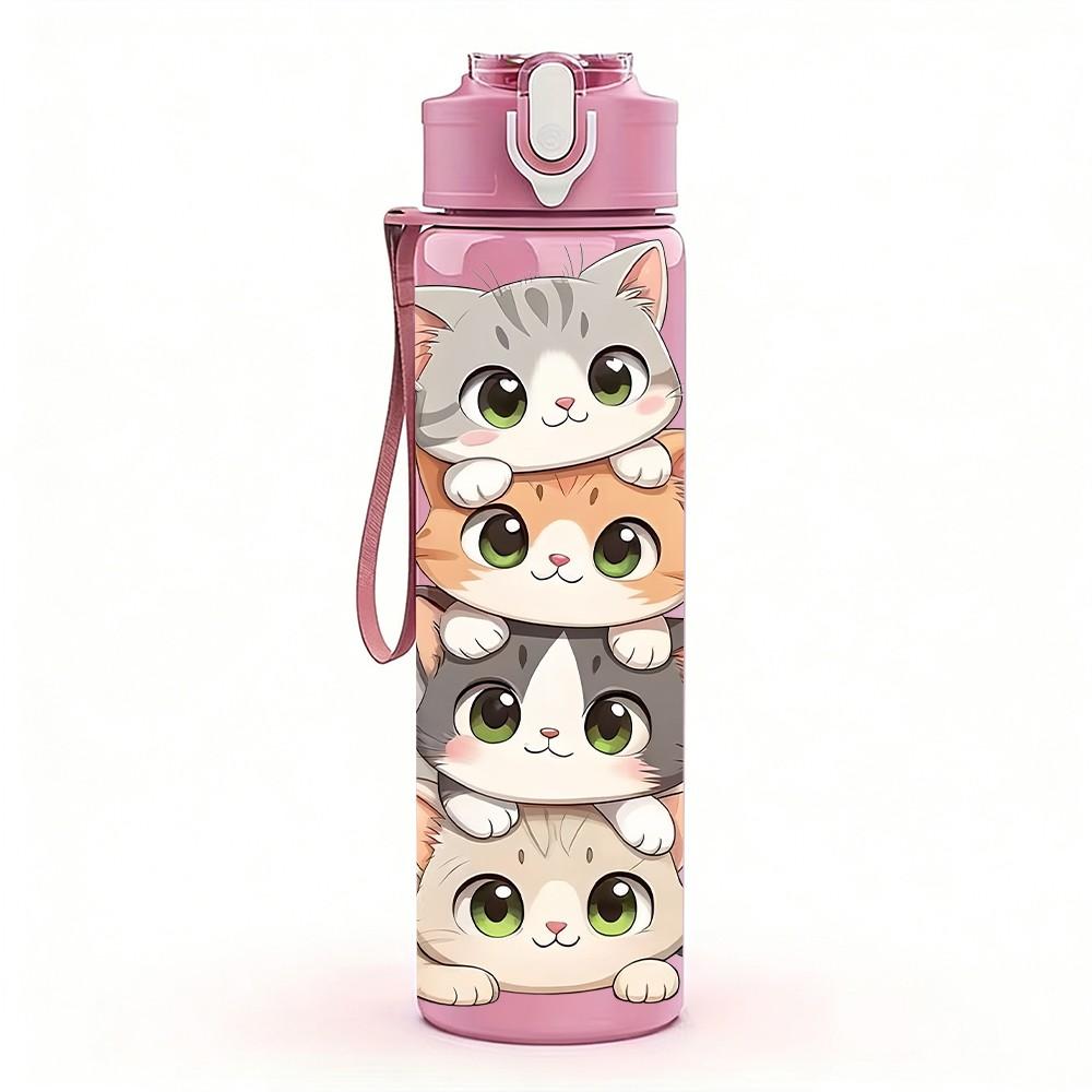 1PC Multi Layer Stacked Cat Cartoon Print 750ml Color Plastic Sports Water Bottle Leakproof Flip Straw Lid Suitable for Sports Office Home Use