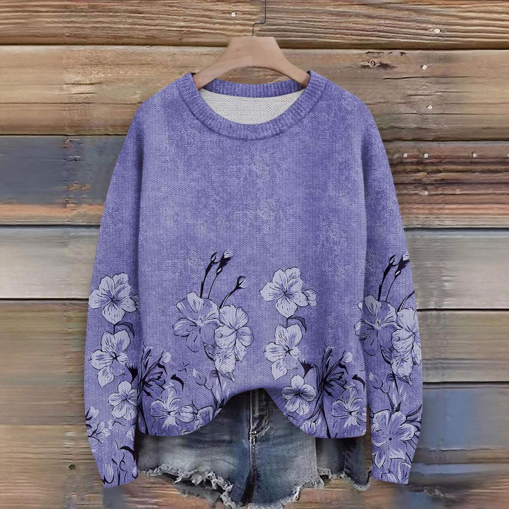 Svetry s dlouhým rukávem pro ženy s kulatým výstřihem, ležérní, roztomilý pletený svetr s potiskem, nadměrný