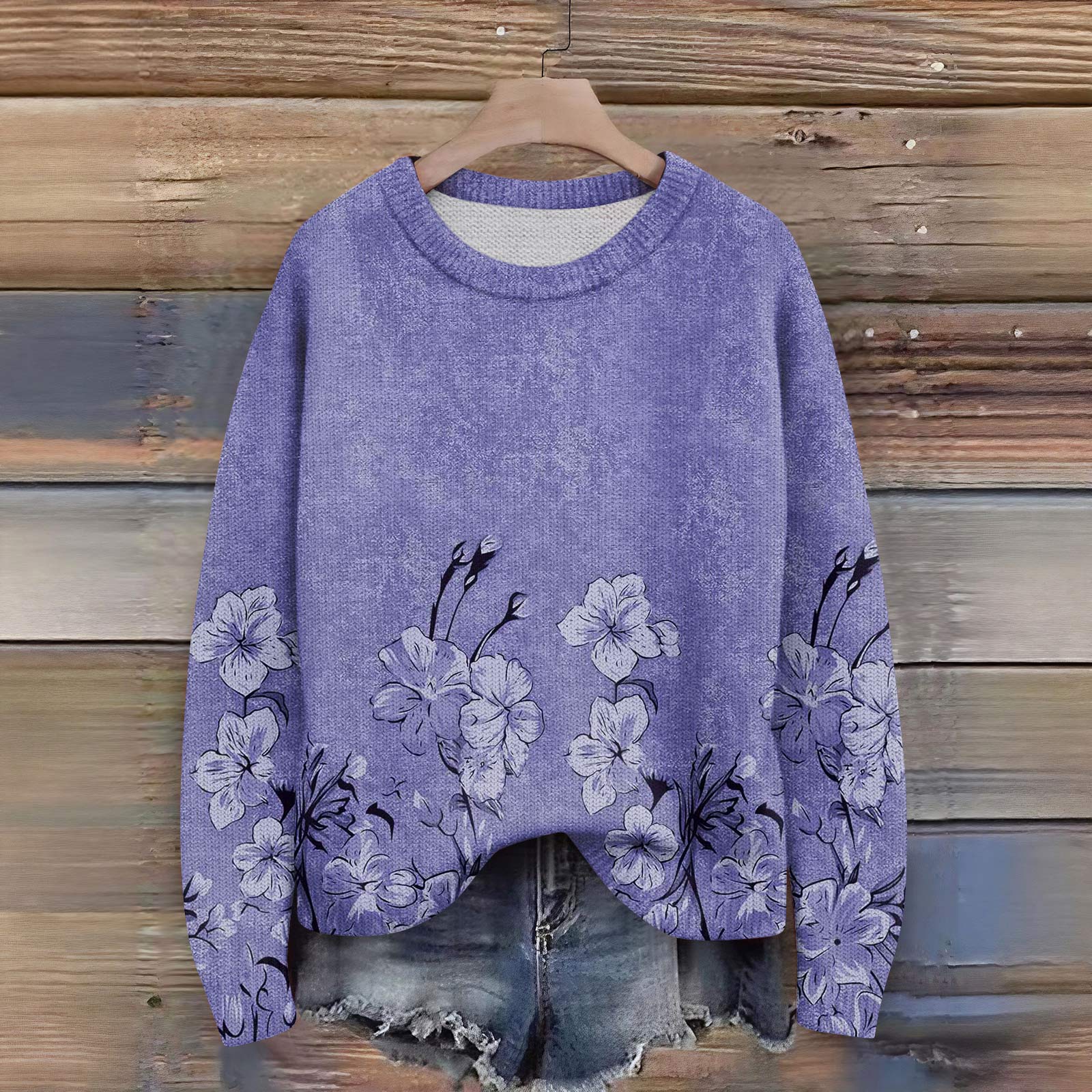 

Пуловеры с длинным рукавом для женщин, с круглым вырезом, повседневные, милые, с принтом, вязаные, оверсайз L фиолетовый