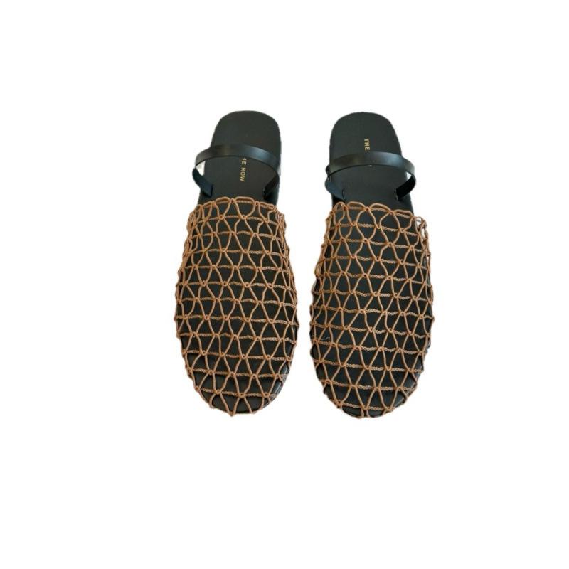 Woven summer new sandals women's flat-bottomed bag head half slippers hollowed out niche fisherman round head fishing net