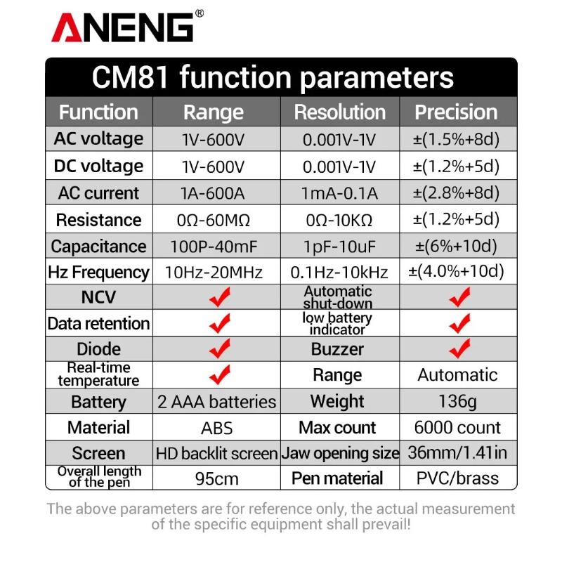 Aneng CM81 Clamp Meter Multimetro Multimeter AC/DC Voltage Meter AC Current Resistance Capacitance Diode NCV Smart Tester Tools with Digital Display