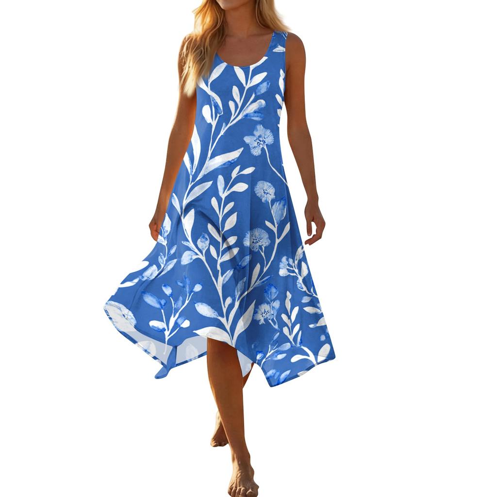 Women Sleeveless Crew Neck Floral Print Midi Dress Asymmetrical Hem Casual Loose Fit Summer Sundress for Everyday Wear