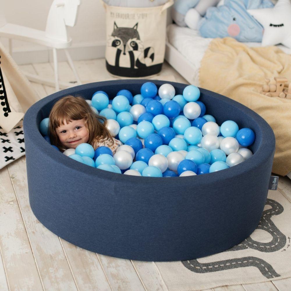 KiddyMoon 300 Balls 7cm/2.75in Soft Plastic Play Balls for Children Colourful Certified Made In Eu, Baby Blue/blue/pearl