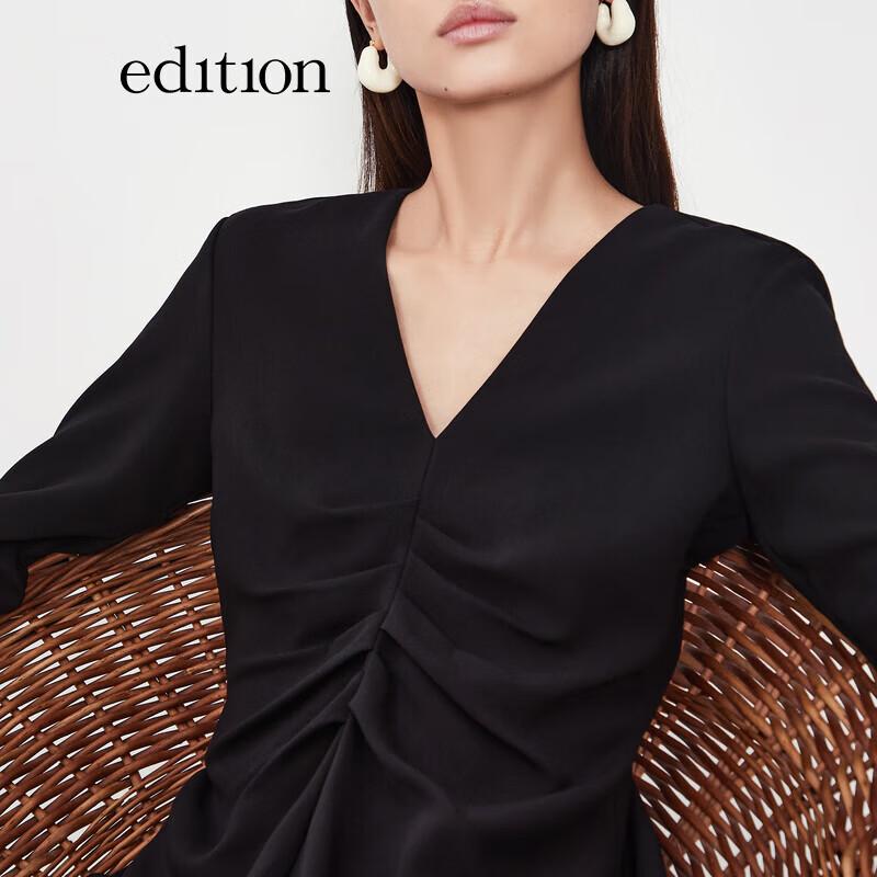 Edition Women's Black Pleated V-Neck A-Line Maxi Dress