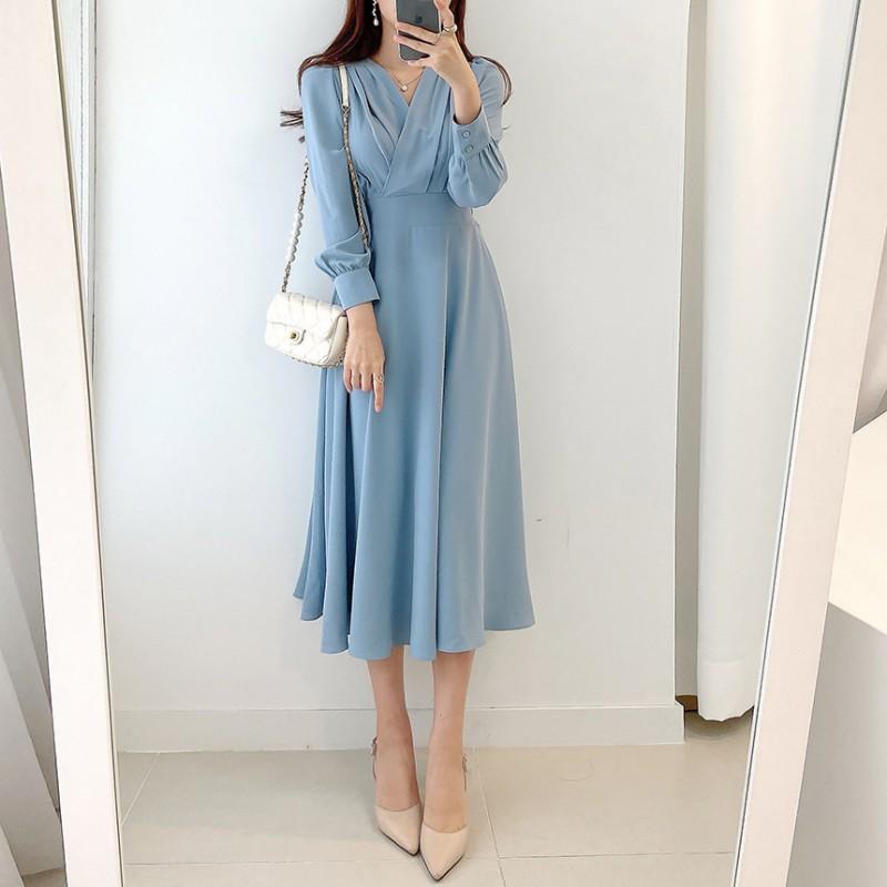 Elegant V-Neck Longline Dress With Cinched Waist Fit Loose Straight Cut 2025 Casual Wear In Black Beige Blue
