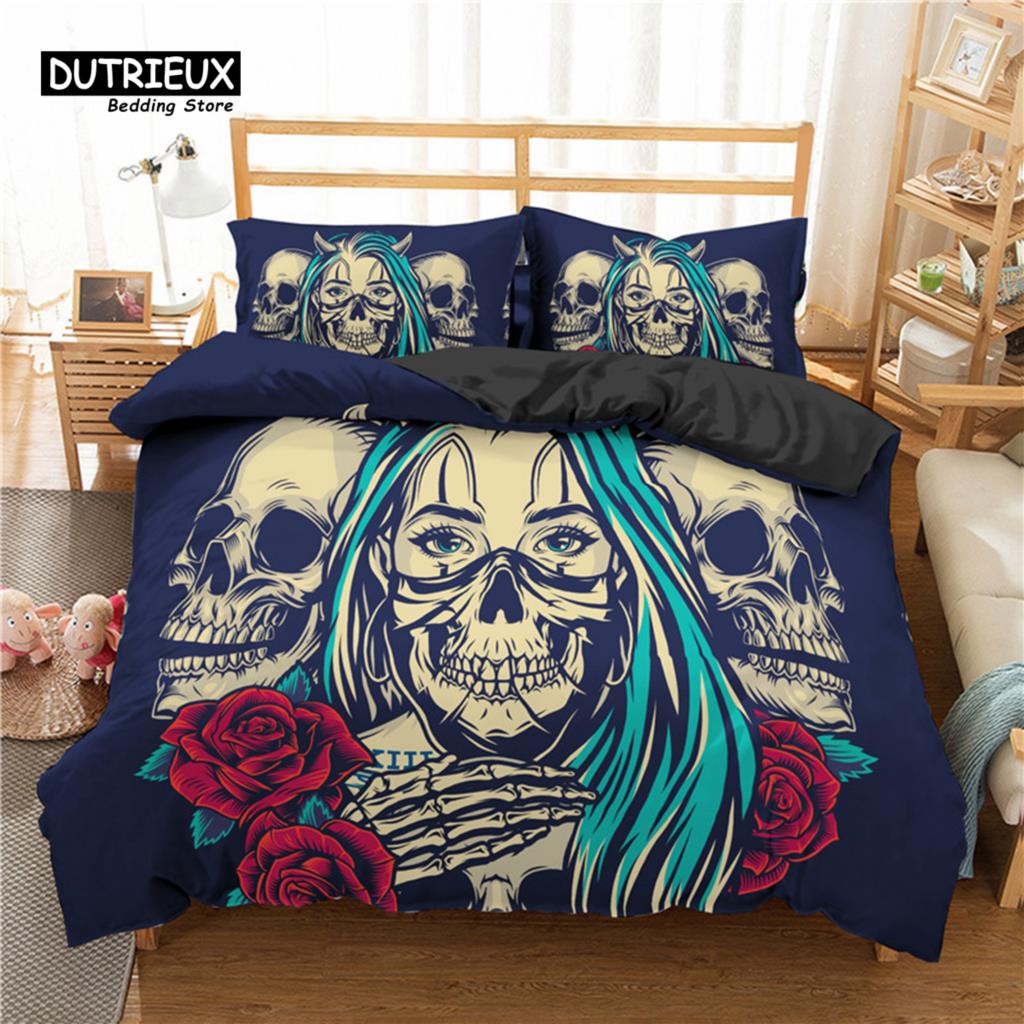 Red Rose Skull Floral Bedding Set Skeleton Flowers Green Leaves Print Duvet Cover Horror Theme Comforter Cover With Pillowcases