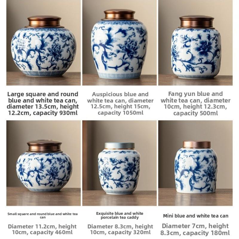 Creative Alloy Lid Sealed Jar Blue Floral Vine Pattern Ceramic Tea Canister Portable Storage Jar Food Container Craft Decoration
