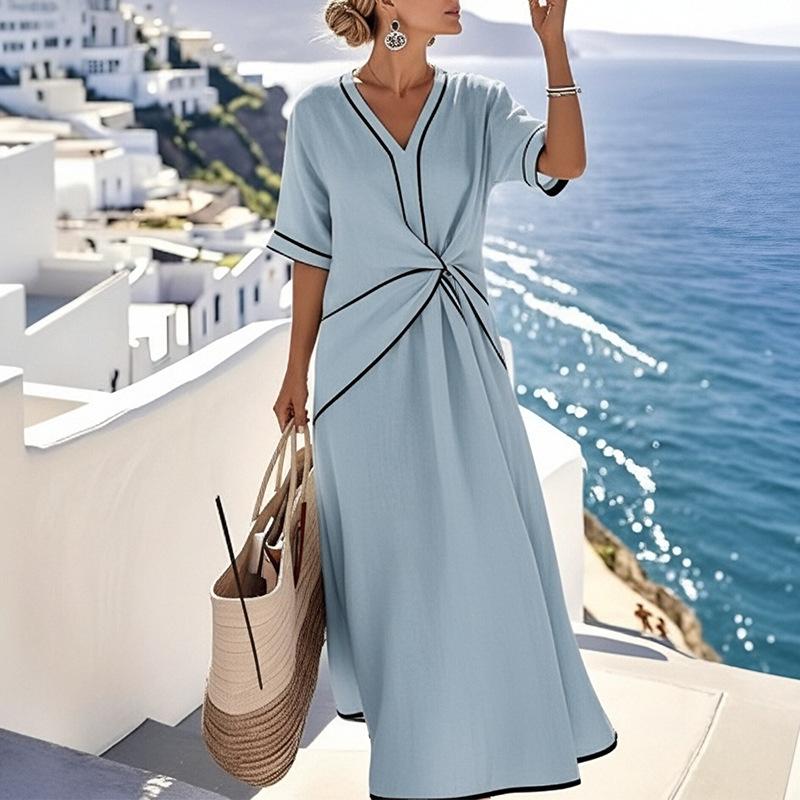 Women's spring new, European and American dresses, elegant temperament lace-up V-neck dresses