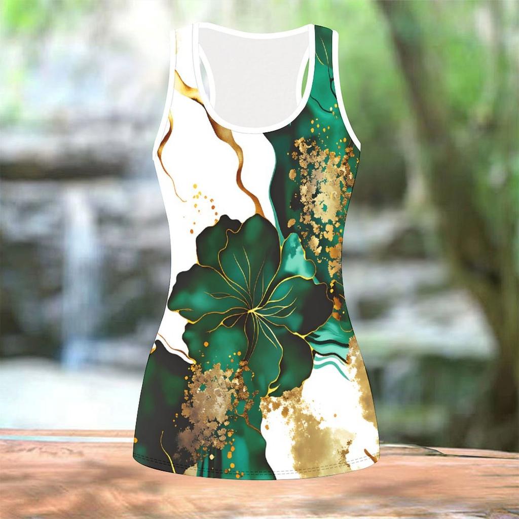 Women Plus Size Scoop Neck Sleeveless Tank Top Green White Gold Floral Printed Curved Hem