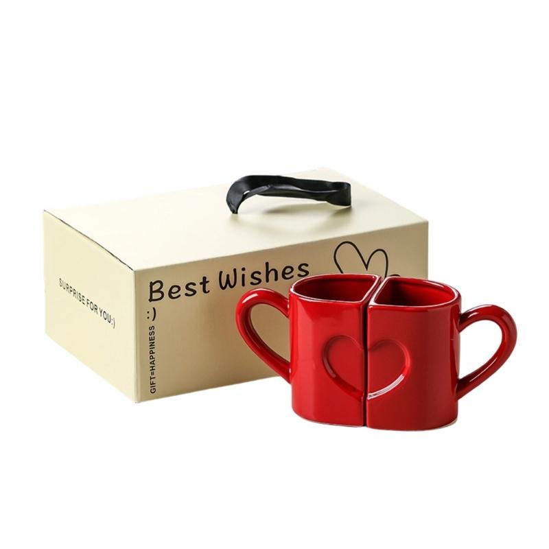 

2pcs Ceramic Heart Mugs with Comfortable Handle Elegant Coffee Cup for Daily Use Anniversary Present червоний