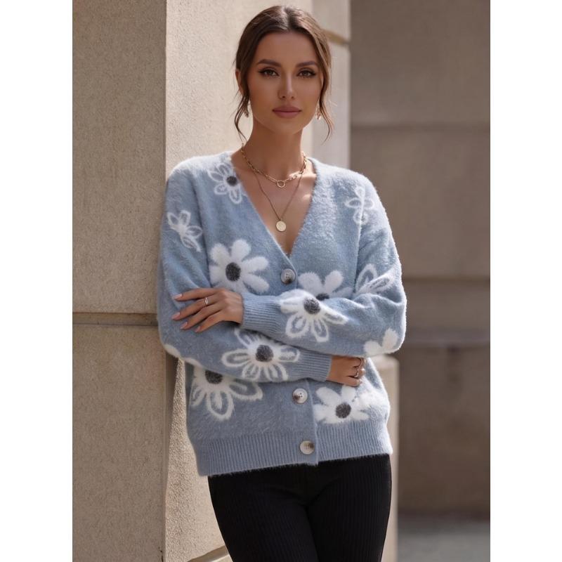 V Neck Long Sleeve Flower Pattern Knit Cardigan Sweater