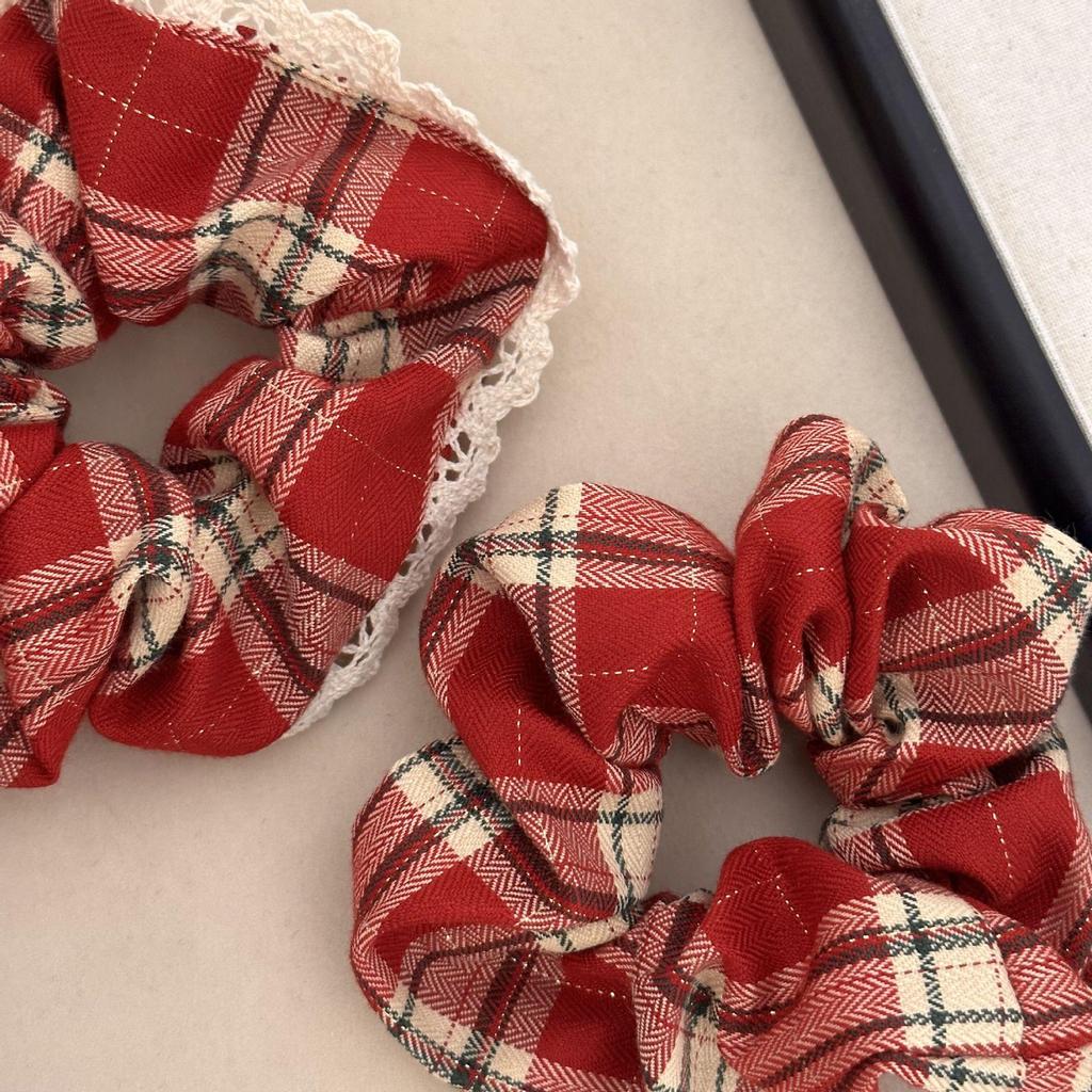 Red Korean Plaid Lace Ponytail Scrunchie – Women's High-End Holiday Hair Tie