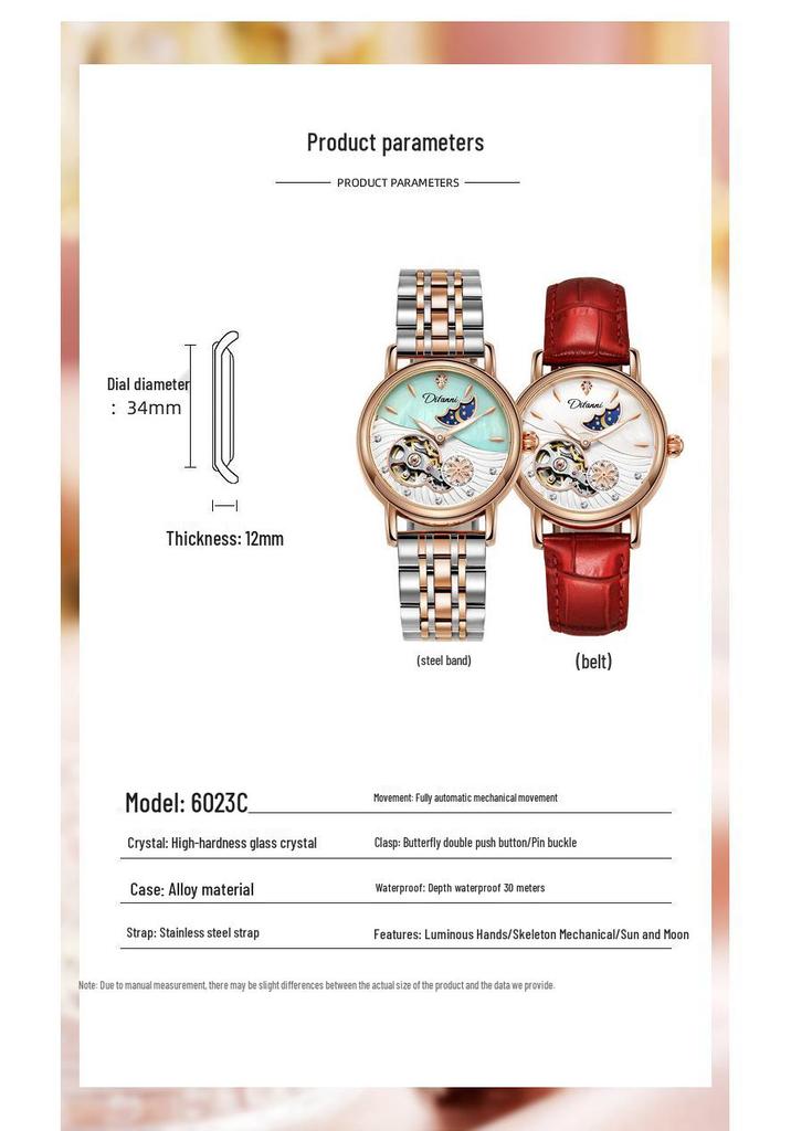 Genuine Automatic Mechanical Waterproof Watch for Women - Trendy Multi-Functional with Day, Date, Month, Year, and Starry Design.