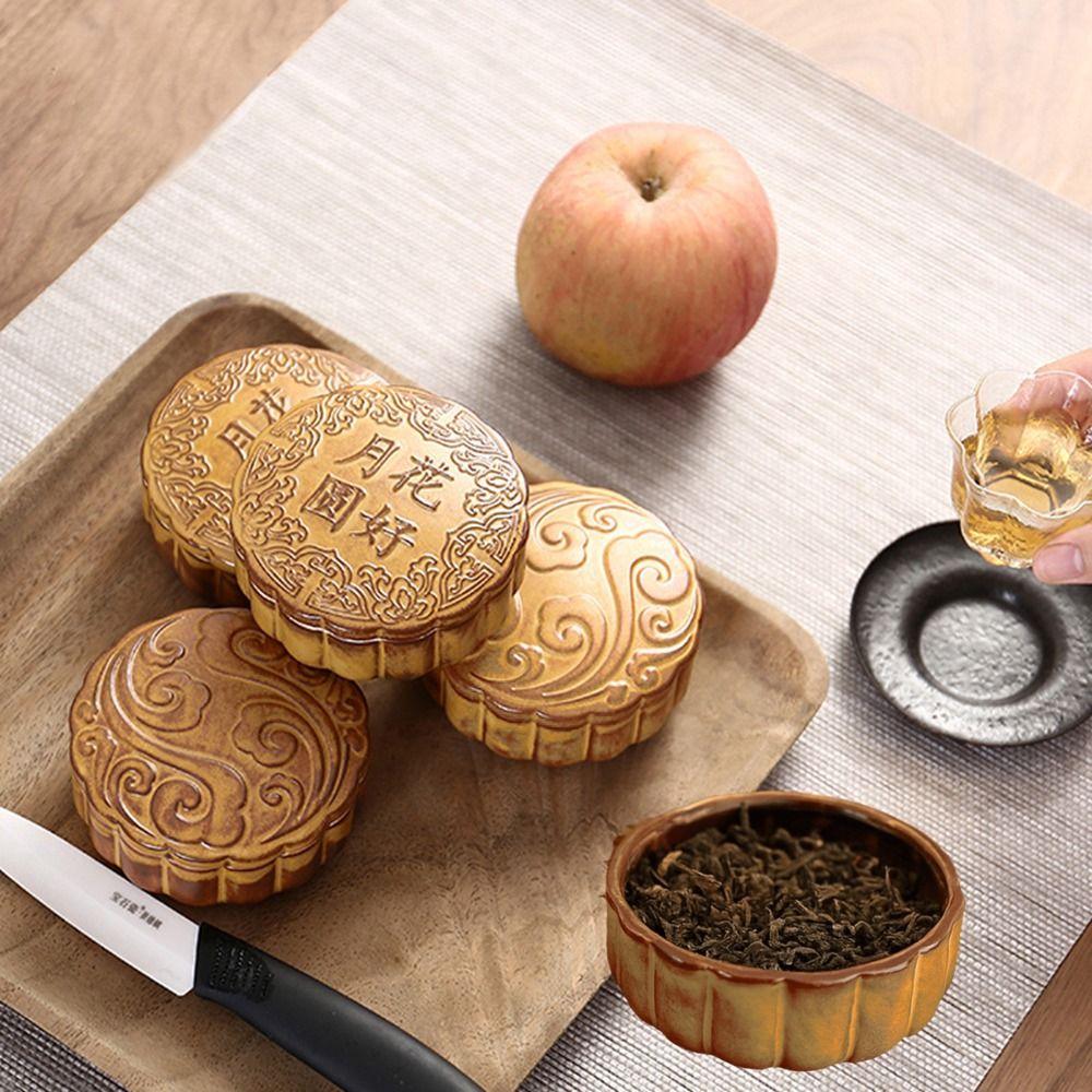 Ceramic Mooncake Shape Tea Jar Round Small Storage Box Tea Storage Container Mid-Autumn Festival