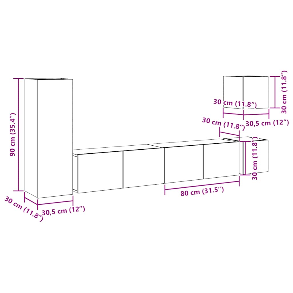 5 Piece Wall Mounted TV Cabinet Set Artisan Oak Effect Particleboard