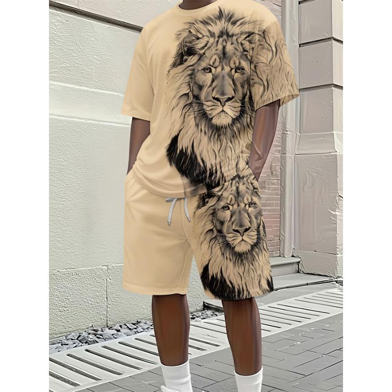 Men s Summer/autumn Casual Short-Sleeve Set, Lion Print Trendy Fashion Short-Sleeve Set, Trendy Short-Sleeve and Shorts Set, Vacation Style S бежевый