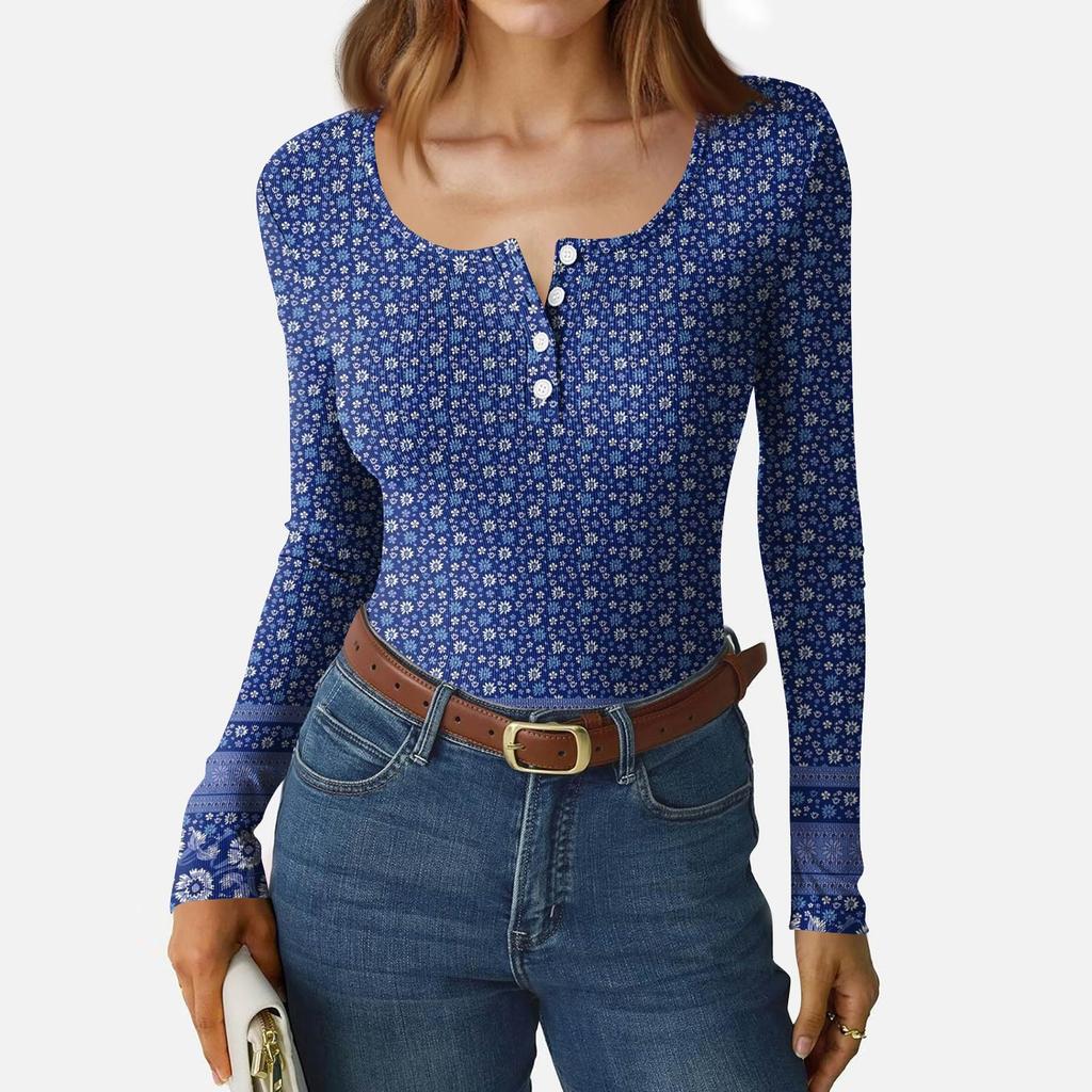 Women's Slim Bottom T-shirt Fashion Casual Gradient Printing Round Neck Pullover Long Sleeve Top