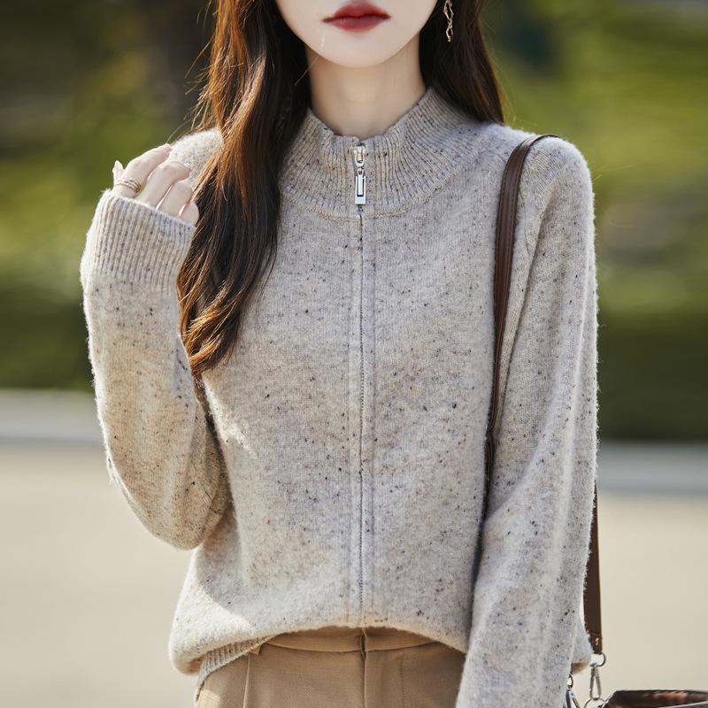Women's Speckled Yarn 100% Wool Zipper Cardigan with Half-High Collar