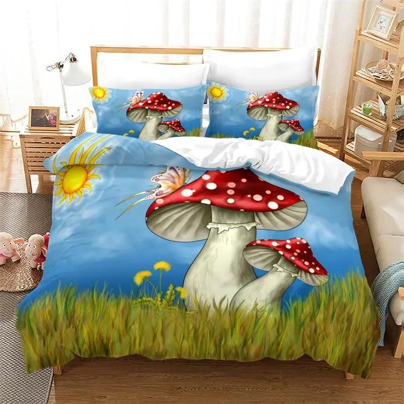 Pilz Bettbezug Bunt Niedlich Cartoon Bettwäsche Set Einzelbett Doppelbett King für Teenager Jungen Mädchen Kinder Kawaii Botanische Pflanze Steppdeckenbezug