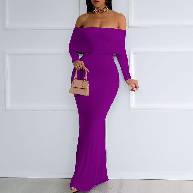 Spring Women's Fashion Solid Color Sexy One-shoulder Long Skirt Dress