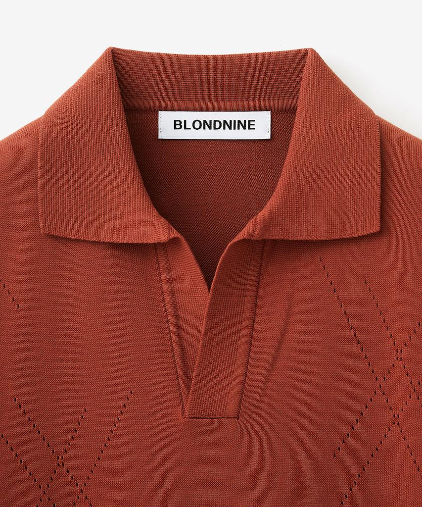 BLOND9 Cotton Hash Open Collar Short Sleeve Knit_Red Brick