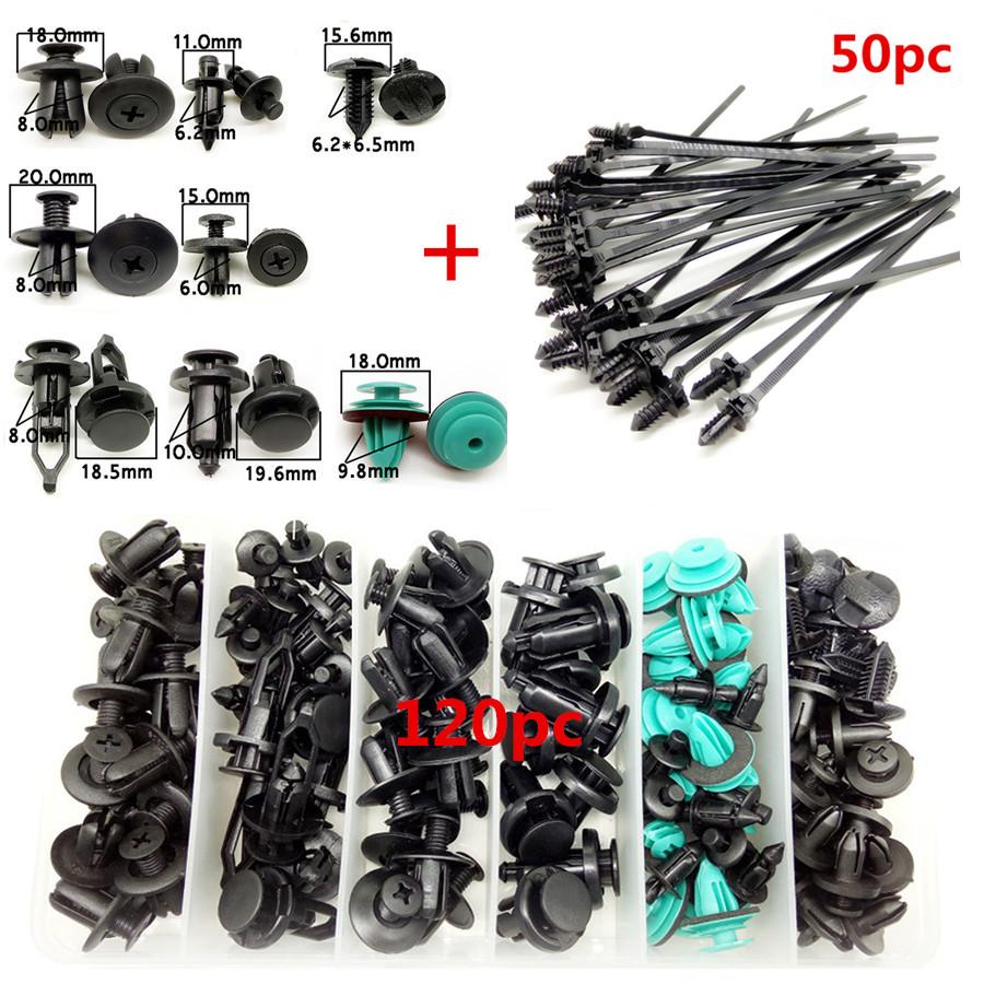 120PCS 8 Sizes Fastener Clips + 50PCS Nylon Tie Wrap For Fender Bumper Car Door