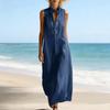 Damen Sommer Ärmellos Knopfleiste Tankkleid Stehkragen Lässig Baumwolle Leinen Langes Kleid Locker A-Linie Fließendes Strand Sommerkleid