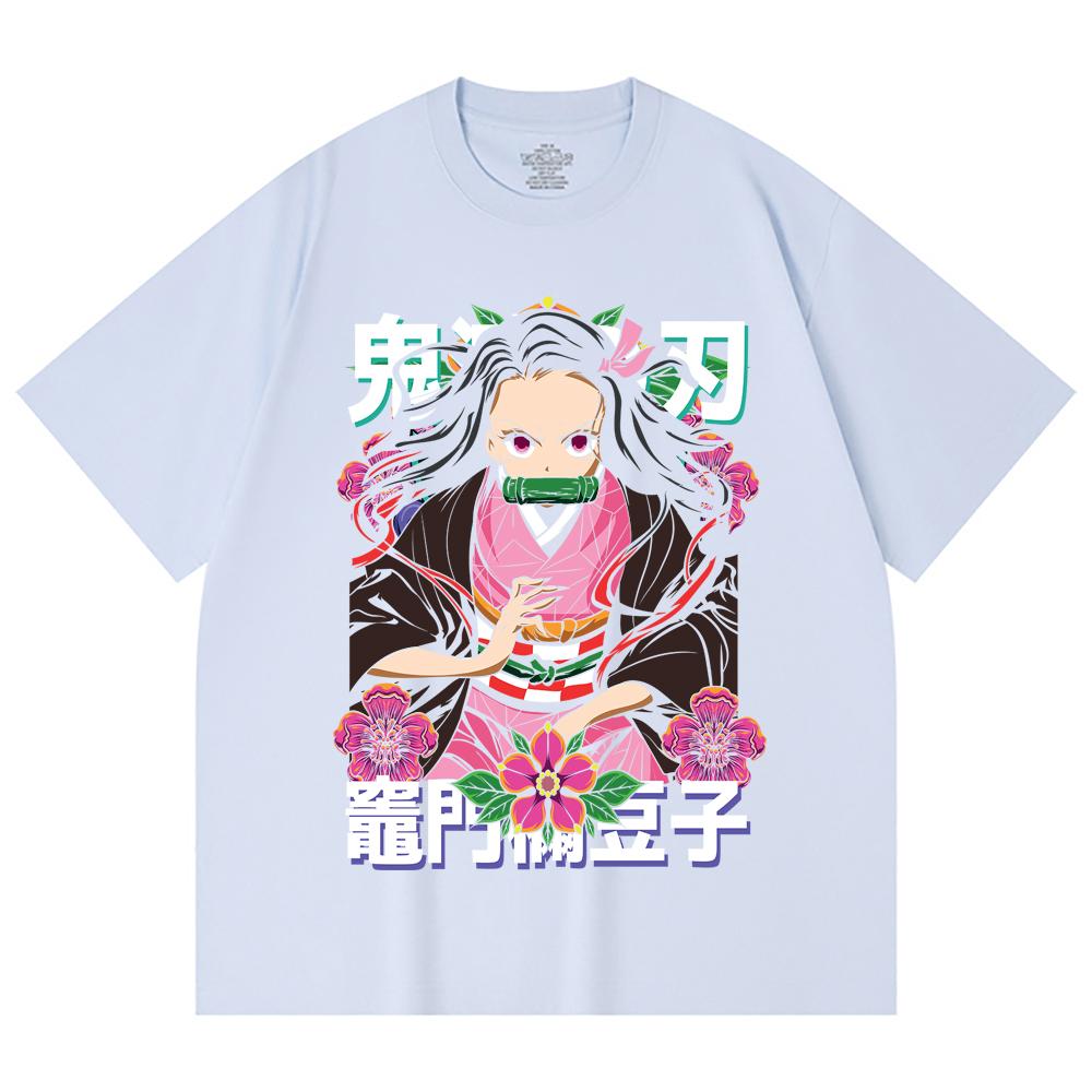 230 Gsm 100% Cotton Demon Slayer V70 Nezuko Flower Print Unisex Heavy Cotton T Shirt