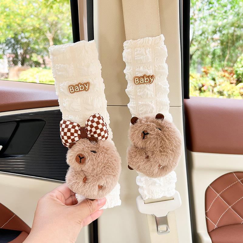 New Cute Cartoon Capybara Car Seat Belt Cover Four Season Universal Puff Material Auto Safety Shoulder Pad Car Decoration