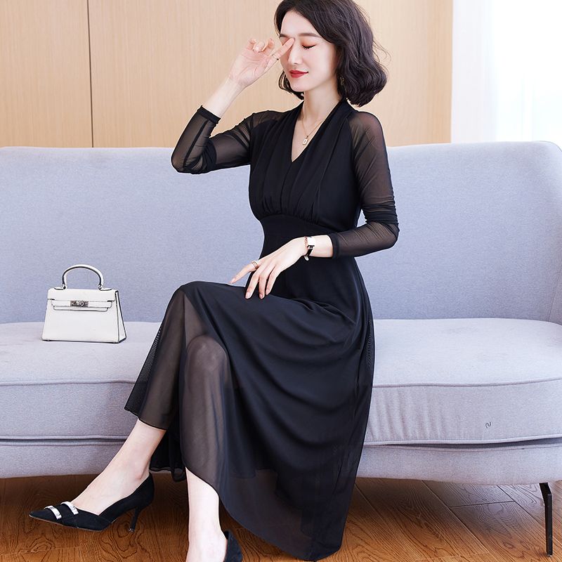 Fashionable Long Sleeve Dress Women V Neck Plus Size Flowy High Waist Elegant Spring Autumn Style