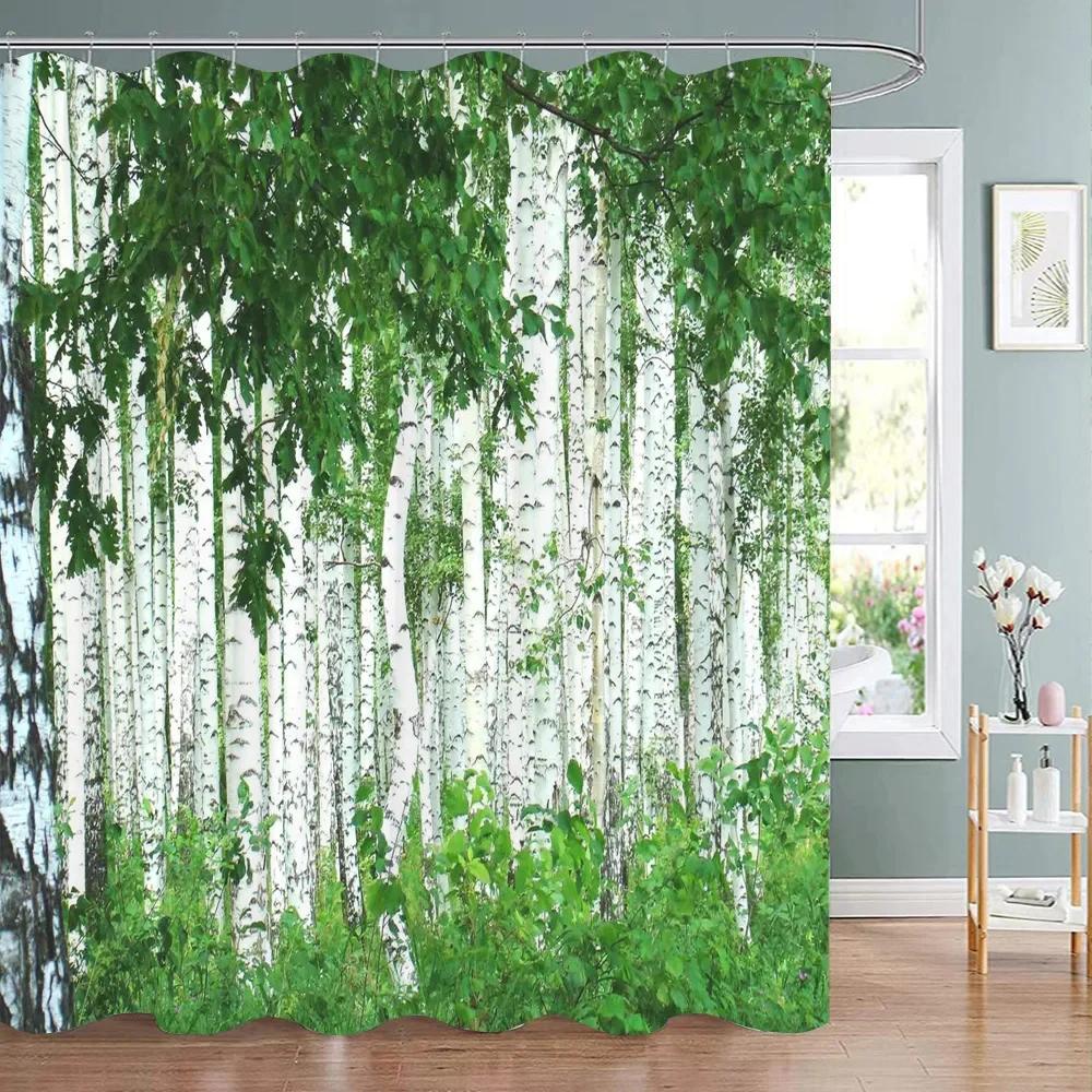 Woodland Shower Curtain Birch Trees In The Forest Natural Outdoor Scenery Polyester Fabric Bath Curtains Bathroom Decoration