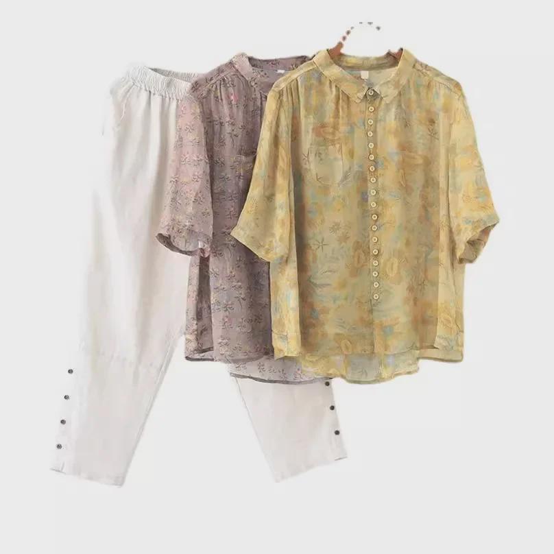 Női 2023 Nyári Virágos Rövid Ujjú Pamut Vászon Kétrészes Szett - Laza Szabású, Karcsúsító Koreai Stílusú Ruha