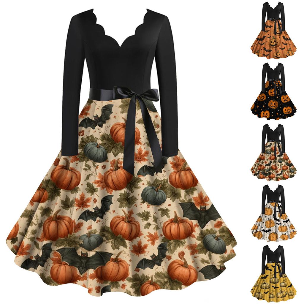 Halloween Print Flare Dress For Damer Langermet Kjole Fritidskjoler