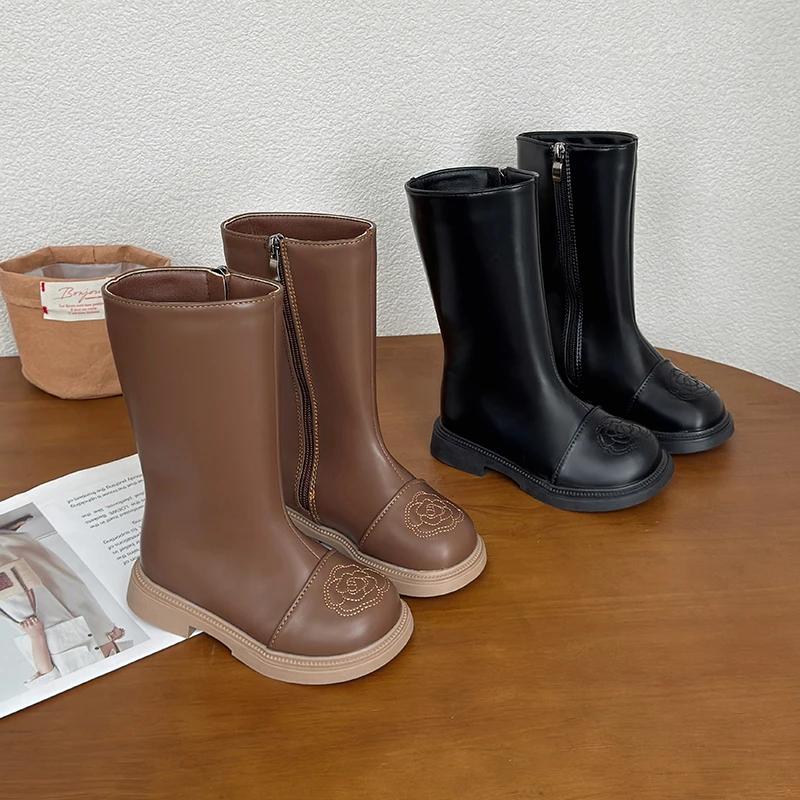 2024 Children High Boots for Girls Autumn New Fashion British Style Soft Bottom Anti-slippery Versatile Versatile Leather Shoes