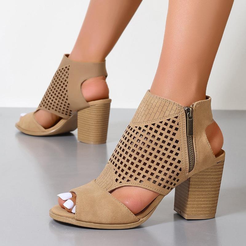 Women's Fish Mouth Hollow Back Heels New Summer Breathable Side Zipper Chunky Heel Sandals Shoes