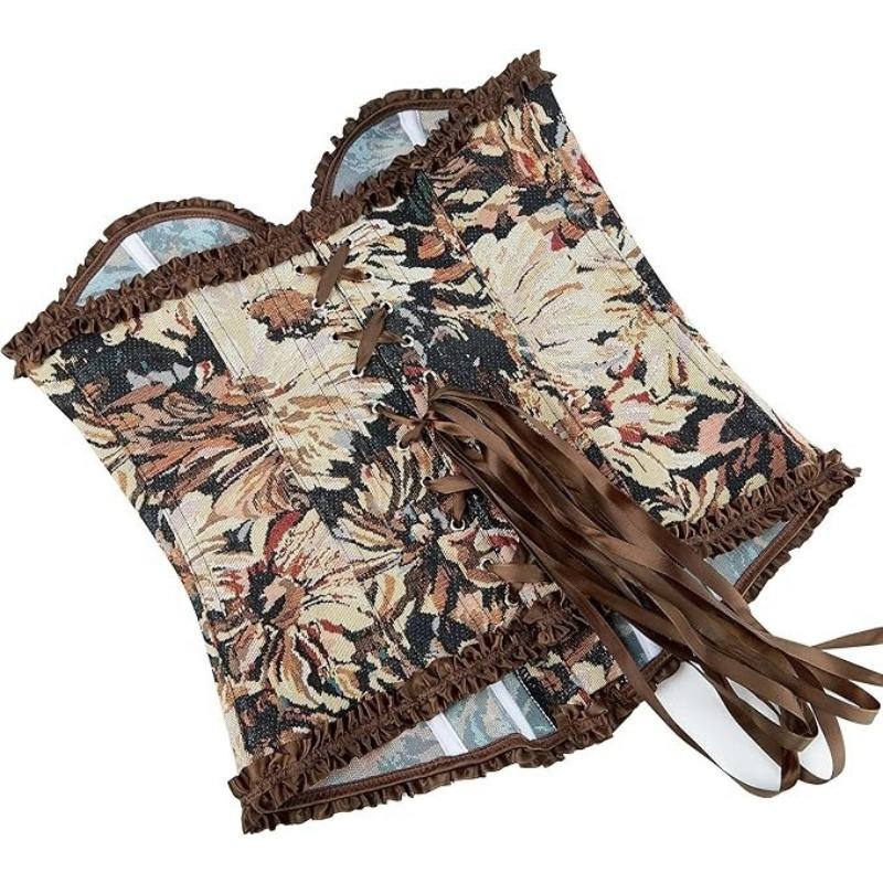 Floral Print Corset Top With Ruffle Trim And Lace Up Waist Cincher