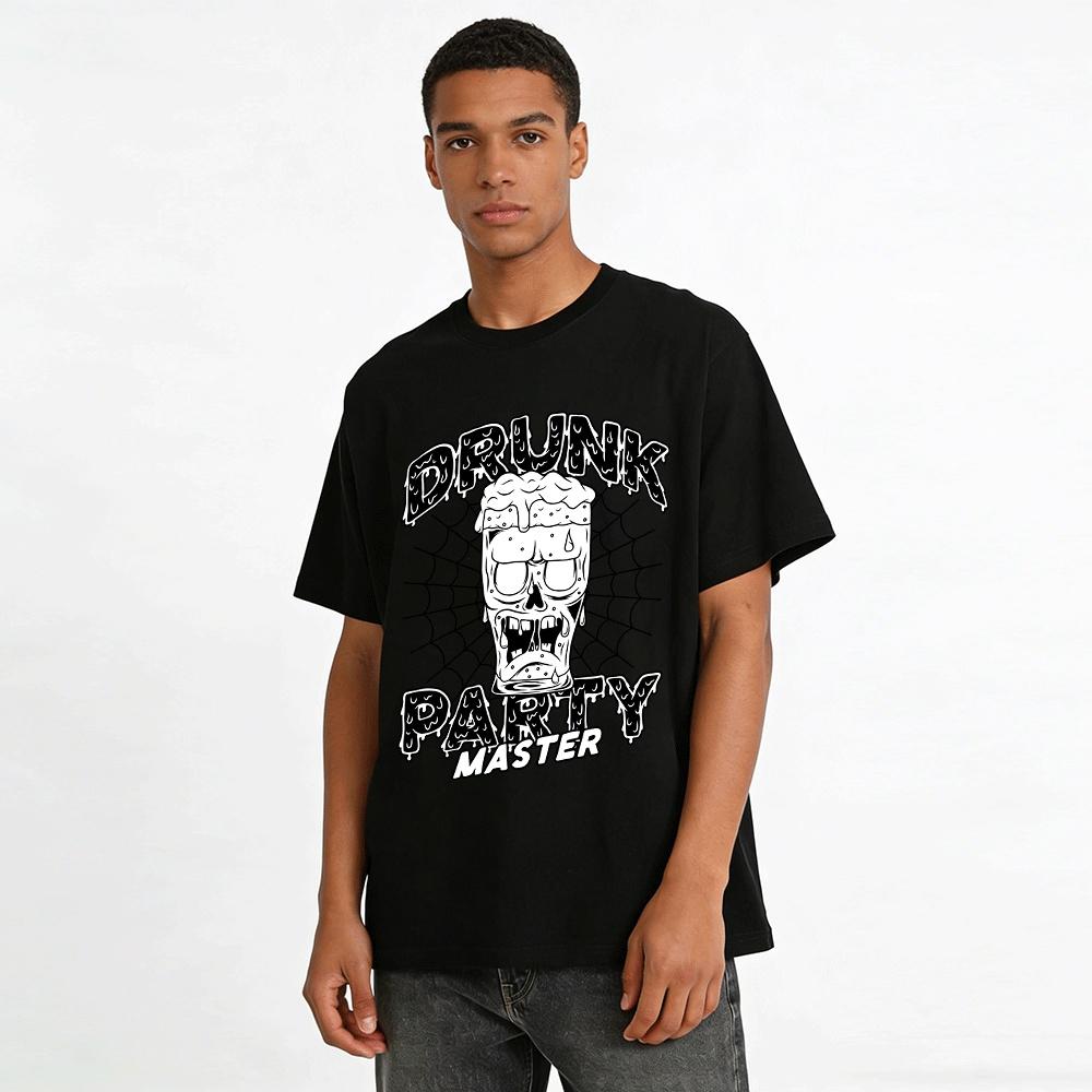 Drunk Party Master Skull Beer Mug Web Print Casual T-Shirt Pure cotton T-shirt