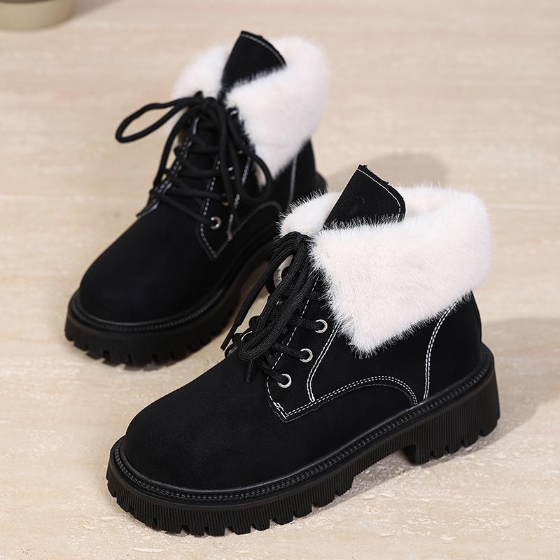 

Модные ботильоны на шнуровке из искусственного меха для женщин Осень Зима Теплые плюшевые короткие ботинки Женские удобные нескользящие туфли с хлопковой подкладкой 42 42 чёрный