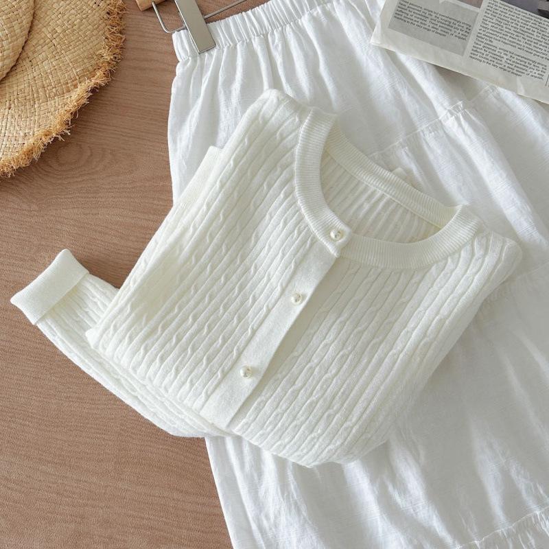 

Korean Style Solid Color Cable Knit Round Neck Cardigan - Women s Autumn 2025 Loose Long Sleeve Top One Size білий