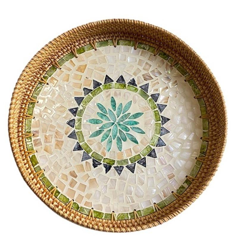 

Rattan Fruit Plate Handwoven Shell Fruits Plates Aesthetic Luxury Living Room Tray Elegant Modern Round Trays Table Decorations Small-30X30X3CM