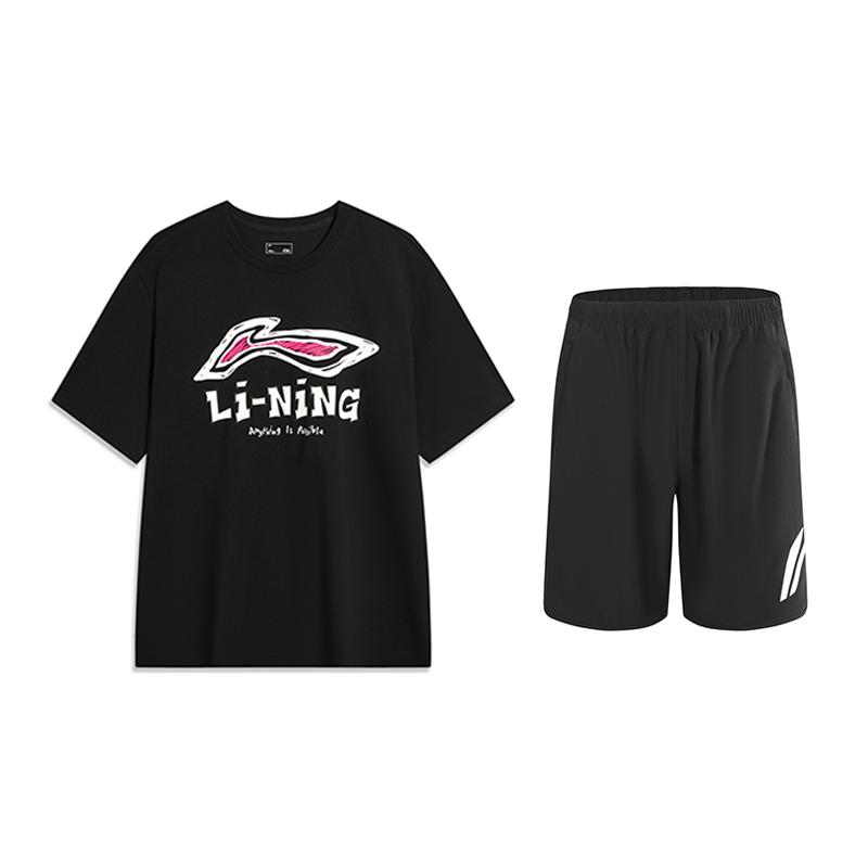 Li-Ning Letter Fashion Comfortable Quick-Dry Cool Short Sleeve T-Shirt And Mid-Waist Shorts Casual Sports Set Unisex Sets Black AHSU711-1+YKSV197-2