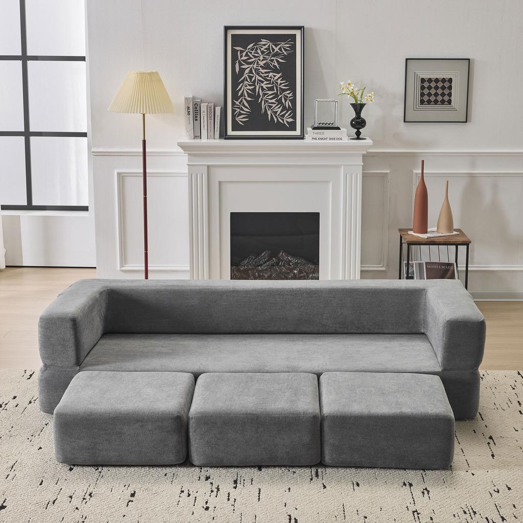 Ebern Designs Convertible Sofa Set with 3 Footrests – Bed of High-resilience Foam, Chenille Floor Sofa for Studio Apartments and Home Offices. Gray