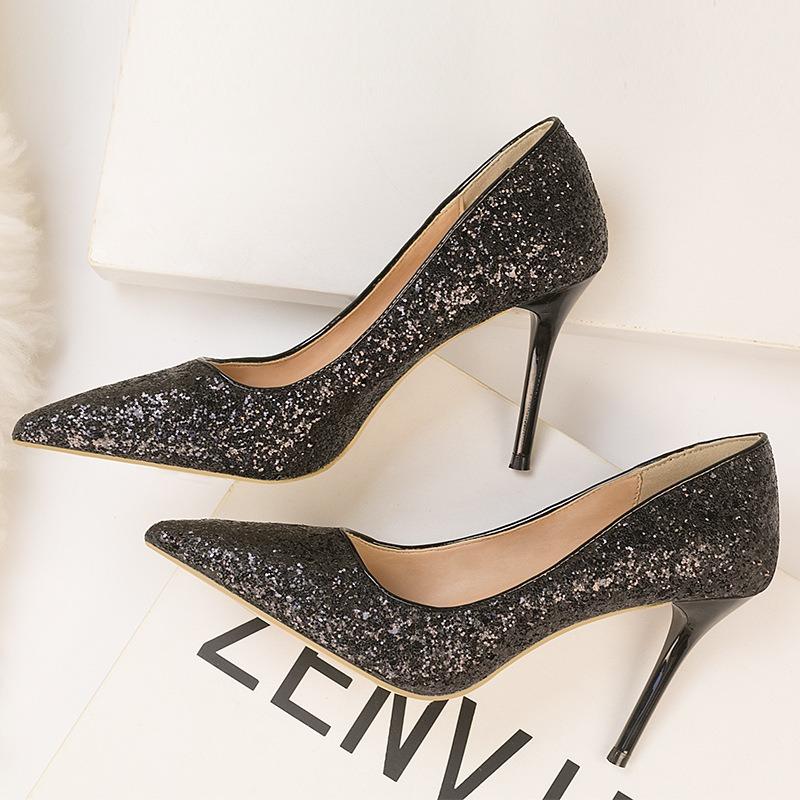 Wind Women's Shoes High Heels Shallow Mouth Pointed Gradual Change Sequins Sexy Thin Nightclub High Heels Single Shoes