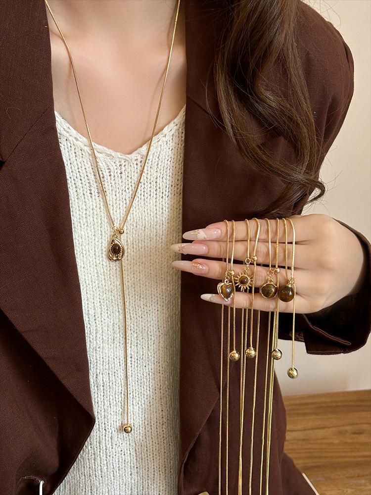 Geometric Retro Tiger Eye Stone Pendant Zipper Pull Long Necklace For Women's Autumn/Winter Sweater Chain Trendy Neck Jewelry