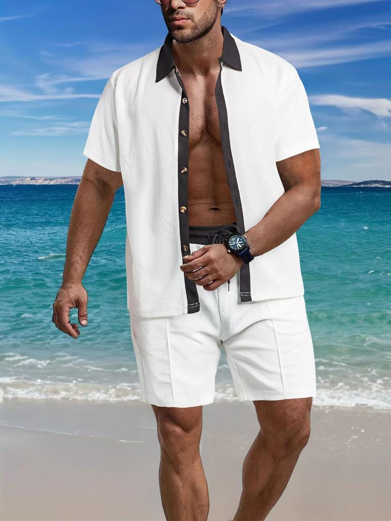 Mens Casual Color Block Breathable Thin Beach Shirt Shorts Set